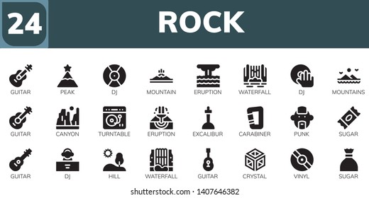 rock icon set. 24 filled rock icons.  Collection Of - Guitar, Peak, DJ, Mountain, Eruption, Waterfall, Mountains, Canyon, Turntable, Excalibur, Carabiner, Punk, Sugar, Hill, Crystal