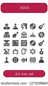  rock icon set. 25 filled rock icons. Simple modern icons about  - DJ, Peak, Climbing, Vinyl, Guitar, Cave, Mountain, Eruption, Turntable, Mountains, Tambourine, Carabiner, Excalibur