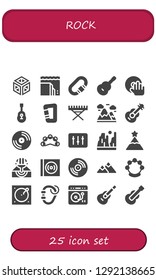  rock icon set. 25 filled rock icons. Simple modern icons about  - Crystal, Landslide, Carabiner, Guitar, DJ, Electric piano, Mountains, Vinyl, Tambourine, Canyon, Peak, Eruption