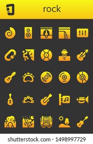rock icon set. 26 filled rock icons.  Collection Of - Fossil, Carabiner, Subwoofer, Bungee jumping, Landslide, DJ, Climbing, Guitar, Tambourine, Vinyl, Music store, Jazz, Cave