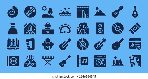 rock icon set. 32 filled rock icons. Included Fossil, Sugar, Waterfall, Vinyl, Falling debris, Carabiner, Eruption, Hill, DJ, Punk, Electric piano, Mountains, Tambourine icons
