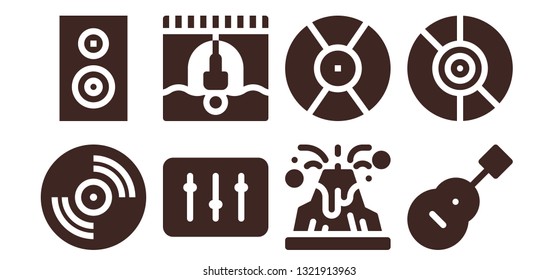 rock icon set. 8 filled rock icons.  Collection Of - Vinyl, Subwoofer, DJ, Bungee jumping, Volcano, Guitar