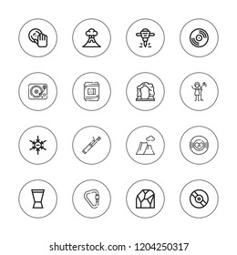Rock icon set. collection of 16 outline rock icons with bassoon, carabiner, cave, dj, hydraulic breaker, mountain, negative ion, record, timpani, sugar, vinyl, singing icons.