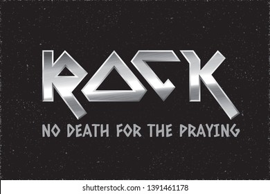 Rock Iconic Heavy Metal Silver Style Hand Drawn Logo and No Death for the Praying Calligraphic Lettering Comic Creative Concept - Chrome on Grunge Background - Vector Gradient Graphic Design