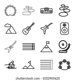 Rock icons. set of 16 editable outline rock icons such as spa stone, guitar strings, record player, guitar, tambourine, mountain, speaker, skiing, flag on mountain