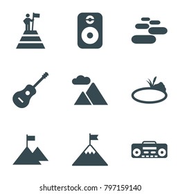 Rock icons. set of 9 editable filled rock icons such as record player, guitar, mountain, pond, speaker, man at the top of the mountain with flag, flag on mountain