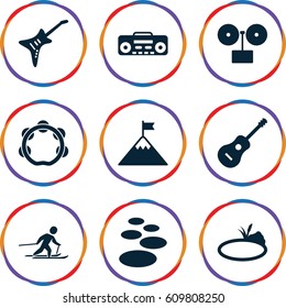 Rock icons set. set of 9 rock filled icons such as record player, guitar, tambourine, pond, skiing, flag on mountain, spa stone