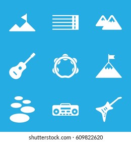 Rock icons set. set of 9 rock filled icons such as guitar strings, record player, guitar, tambourine, mountain, flag on mountain