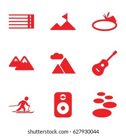 Rock icons set. set of 9 filled icons such as guitar strings, mountain, pond, speaker, skiing