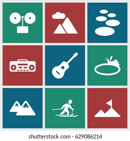 Rock icons set. set of 9 rock filled icons such as record player, guitar, mountain, pond, skiing, spa stone