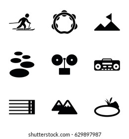Rock icons set. set of 9 rock filled icons such as guitar strings, record player, tambourine, pond, mountain, skiing, spa stone