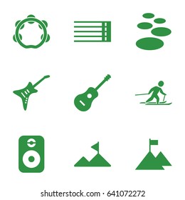Rock icons set. set of 9 rock filled icons such as guitar strings, guitar, tambourine, speaker, skiing, mountain, flag on mountain