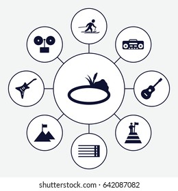 Rock icons set. set of 9 rock filled icons such as guitar strings, record player, guitar, pond, skiing, man at the top of the mountain with flag, flag on mountain