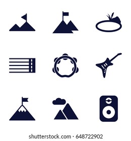 Rock icons set. set of 9 rock filled icons such as guitar strings, guitar, tambourine, mountain, pond, speaker
