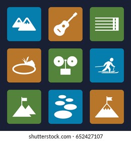 Rock icons set. set of 9 rock filled icons such as guitar strings, guitar, pond, mountain, skiing, flag on mountain, spa stone