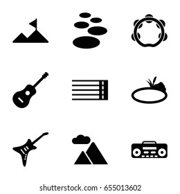Rock icons set. set of 9 rock filled icons such as guitar strings, record player, guitar, tambourine, mountain, pond