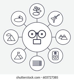 Rock icons set. set of 9 rock outline icons such as guitar strings, guitar, mountain, pond, speaker, gramophone, flag on mountain