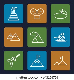 Rock icons set. set of 9 rock outline icons such as guitar, mountain, pond, skiing, gramophone, man at the top of the mountain with flag