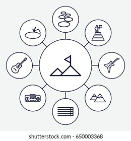 Rock icons set. set of 9 rock outline icons such as guitar strings, record player, guitar, pond, mountain, man at the top of the mountain with flag