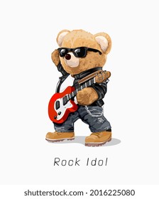 eslogan de idol rock con muñeca de oso con ilustración vectorial de guitarra eléctrica