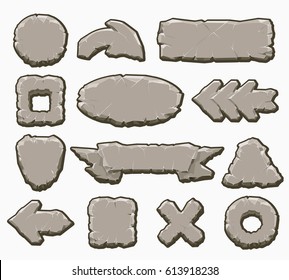 Rock interface buttons vector illustration. Cartoon stone ui elements like arrows and panels, frames and banners for game design isolated on white