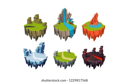 Rock islands set, fantasy elements of natural landscape, user interface assets for mobile apps or video games vector Illustration on a white background