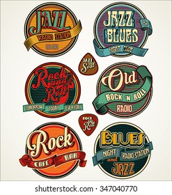 Rock, jazz and blues retro vintage badges and labels collection