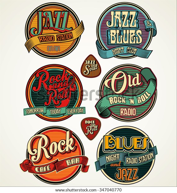 Rock, jazz and blues retro vintage badges and
labels collection