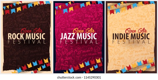 Rock, Jazz, Indie Music Festival. Open Air. Set of Flyers design Template with hand-draw doodle on the background