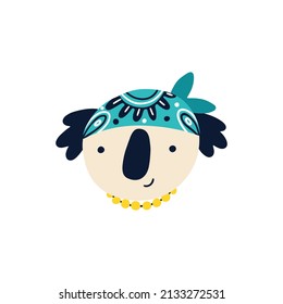 Rock Koala. Vector cartoon character in rock accessories and a cool bandana on his head. Isolate illustration on white background for kids in funny doodle style
