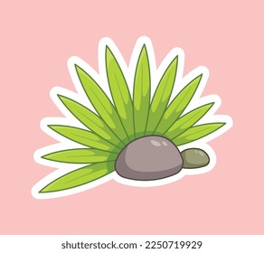 Rock con icono de hojas. Tropic y playa exótica, selva y arena. Símbolo de primavera y verano, sabana africana. Afiche o pancarta. Dibujo vectorial plano de dibujos animados