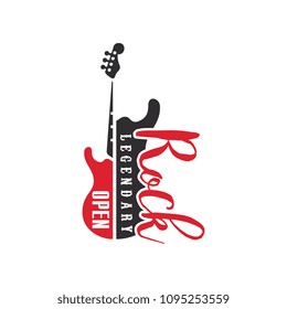 Rock legendary open logo, black and red emblem for rock club or festival with electric guitar vector Illustration on a white background