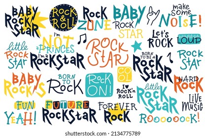 Rock Lettering. Graffiti Vector Collection For Kids. Handwritten Words And Phrases In A Funny Doodle Style. Ideal For Prints On Baby Clothes, Posters, Rock Punk Themed Parties