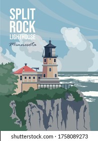 Faro de rock. Afiche de vector turístico de Minnesota con paisajes, visitas turísticas de estilo vintage plano