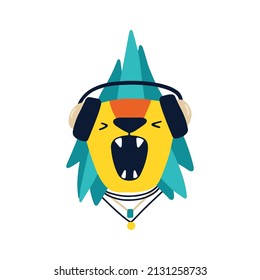 Rock lion. Vector cartoon character with hier in rock accessories and headphones screams. Isolate illustration on white background for kids in funny doodle style
