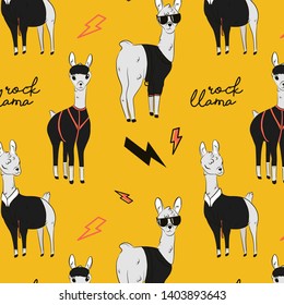 Rock llama illustration. Cartoon alpaca character in rock leahter jacket, fashion clothes. Cute nursery drawing fabrics , doodle animals design