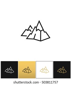 Rock logo or mountain stone linear vector icon. Rock logo or mountain stone linear program on black, white and gold background