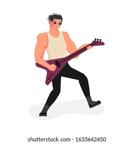 Rock male singer isolated on white. Man artist singing into a microphone. Flat Art Vector illustration