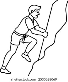 A rock man climbing line drawing climb to mountain with rope. Man person backpack nature hiking climbing lifestyle line art design. Achievement goal concept outline. Continuous line draw.