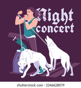 rock, metal, grunge or punk singer on stage with white wild wolves. Dark background. Concert printing and media advertising. Vector flat illustration