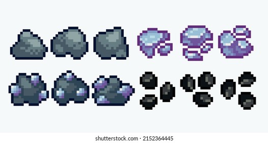 Rock and mineral deposits pixel art set. Ore nuggets and pieces collection. 8-bit sprite. Charcoal, coal, and iron. Game development, mobile app.  Isolated vector illustration.