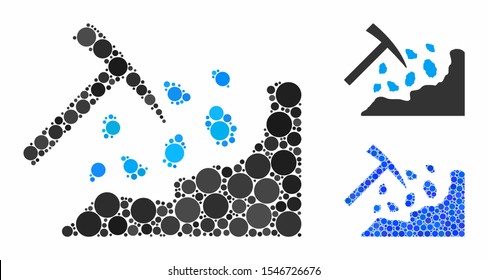 Rock mining hammer composition of circle elements in various sizes and color hues, based on rock mining hammer icon. Vector circle elements are organized into blue illustration.