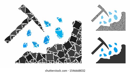 Rock mining hammer composition of rough items in various sizes and color hues, based on rock mining hammer icon. Vector trembly parts are grouped into composition.