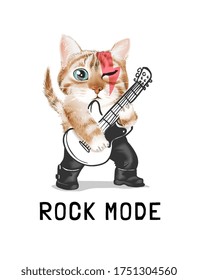 rock mode slogan with cute cat playing guitar illustration