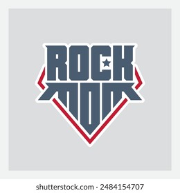 Rock Mom Logo: Edgy Design for Music Industry. Striking Blue and Red Typography with Star Accent. Perfect for Band Merchandise, Album Covers, Concert Promotions. Modern Take on Classic Rock Aesthetics