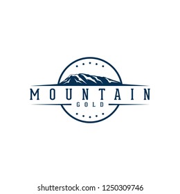 Rock Mountain Emblem Logo Vector, Gold Mountain Logo Design Template and Illustration. Black Mountain Nature with River Circle Vintage Company Logo Stamp