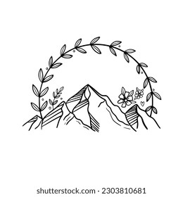 Rock mountain icon with flowers and leaves. Outline illustration of mountain vector icon for web isolated on white background