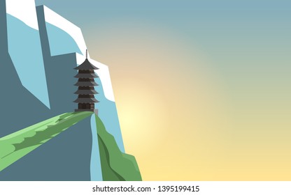 Rock mountain up into the sky with ancient Chinese - Japanese style pagoda on the coast side with sly of the early morning and copy space for text in the sky 