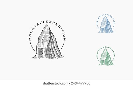 Rock Mountain logo emblem. Hand drawn Adventure retro vector illustration.