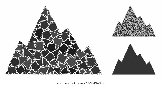 Rock mountain mosaic of humpy pieces in different sizes and color hues, based on rock mountain icon. Vector unequal pieces are organized into mosaic. Rock mountain icons collage with dotted pattern.